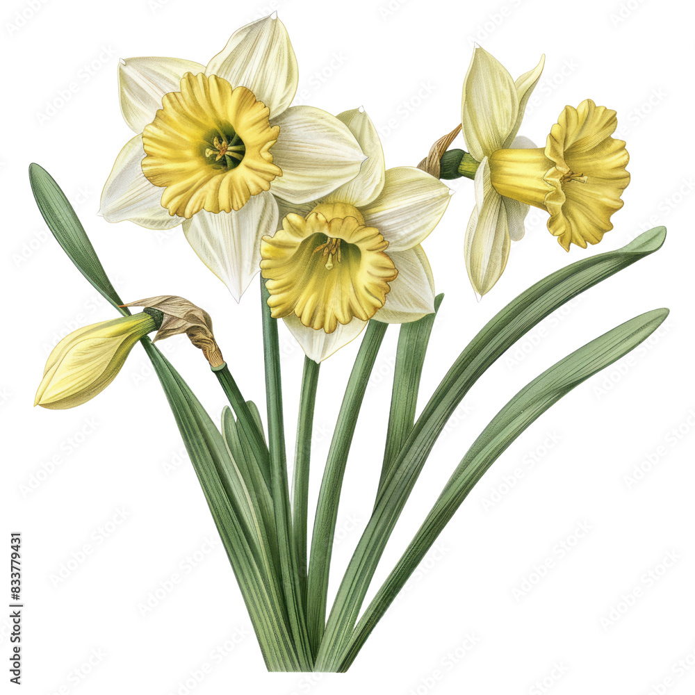 A bouquet of yellow daffodils isolated on white background in spring A bouquet of yellow daffodils isolated on white background in spring