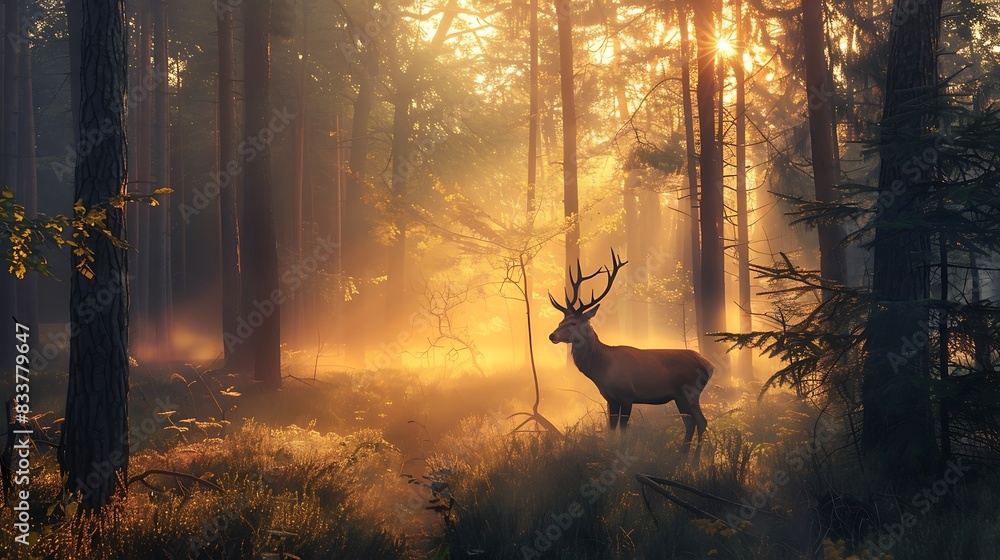 Fototapeta premium A majestic deer stands in a misty forest bathed in warm golden light. The sun shines through the trees, creating a magical atmosphere.