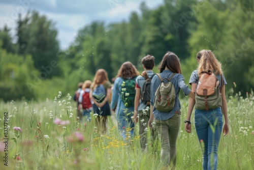 A group of people are walking through a field with backpacks