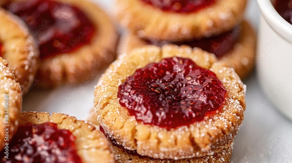 Close up image of cookies topped with strawberry jam on a white background Close up image of cookies topped with strawberry jam on a white background