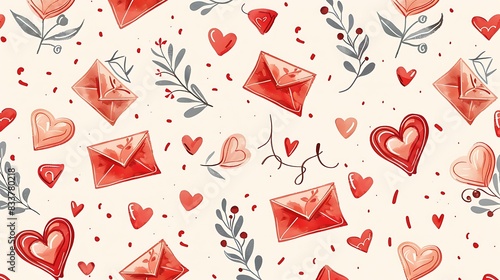 A seamless pattern with watercolor illustrations of red hearts, leaves, and love letters on a beige background. photo