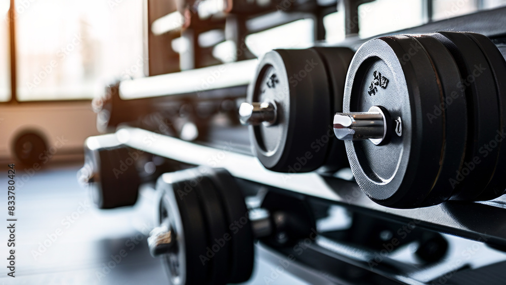 A rack of dumbbells in a gym. The focus is on the closest set of dumbbells, which are black with silver handles and have visible weight markings. A rack of dumbbells in a gym. The focus is on the closest set of dumbbells, which are black with silver handles and have visible weight markings.