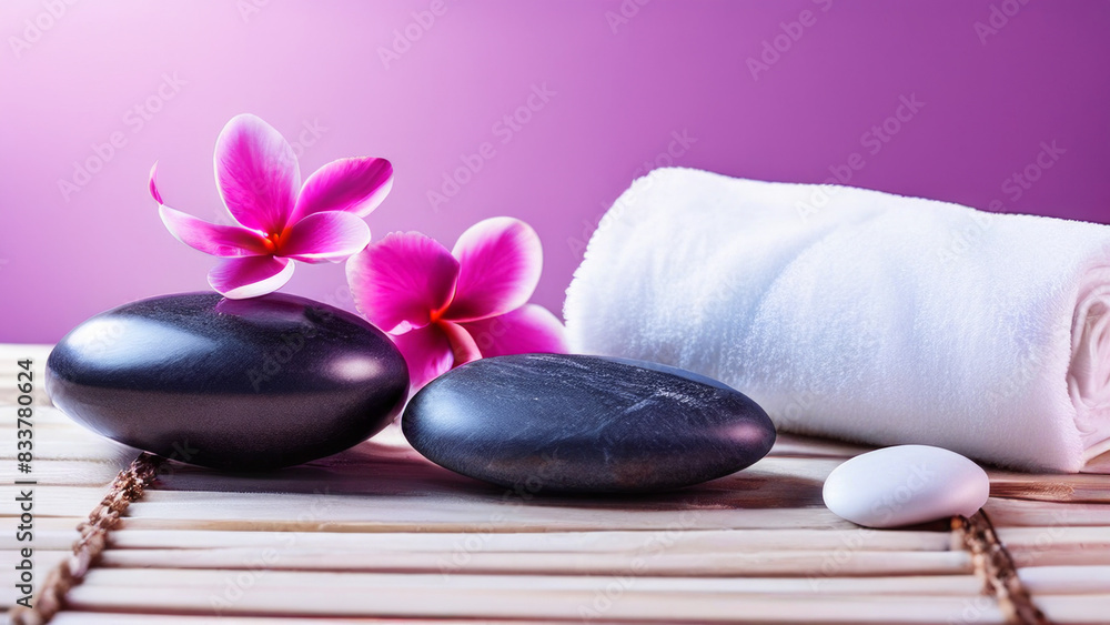 a tranquil spa environment. Three smooth stones of different sizes are arranged on a bamboo mat from larger to smaller. a rolled up white towel and two pink frangipani flower a tranquil spa environment. Three smooth stones of different sizes are arranged on a bamboo mat from larger to smaller. a rolled up white towel and two pink frangipani flower