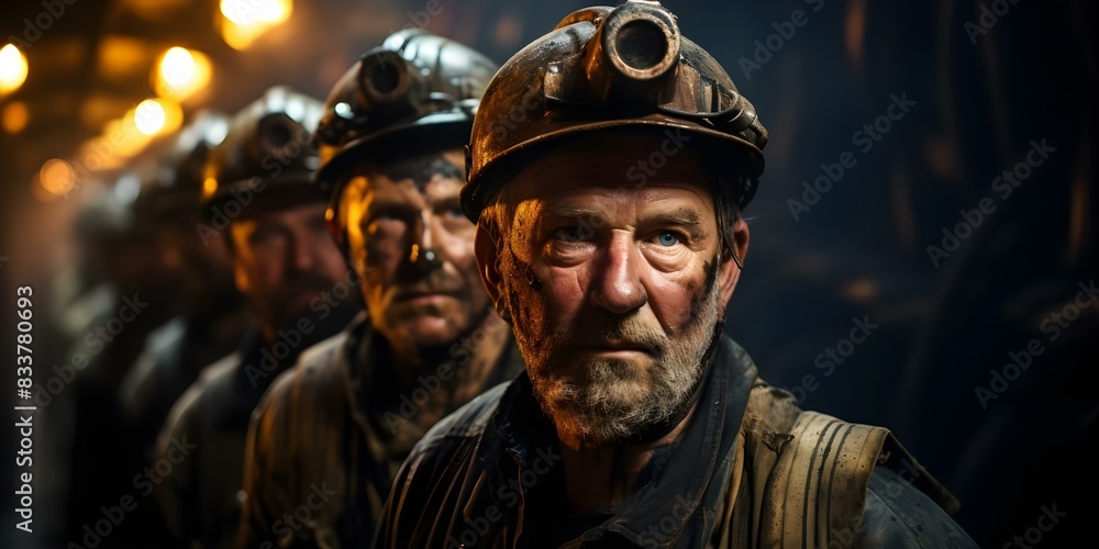 Miners in helmets face challenges after coal mine explosion as they seek evacuation. Concept Coal mine explosion, Miners in helmets, Evacuation challenges, Industrial accidents, Rescue operation