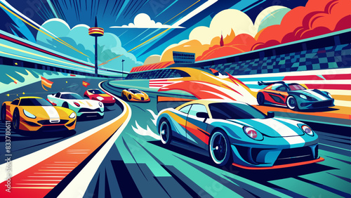 Dynamic racetracks with high-speed cars blurring past bright, cheering crowds