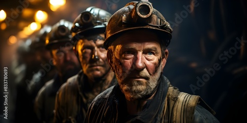 Miners in helmets face challenges after coal mine explosion as they seek evacuation. Concept Coal mine explosion, Miners in helmets, Evacuation challenges, Industrial accidents, Rescue operation photo