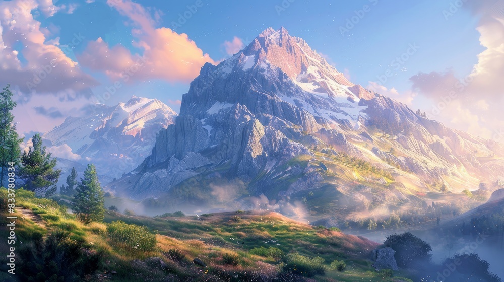 Early morning light bathes a high mountain in a serene and beautiful natural landscape Early morning light bathes a high mountain in a serene and beautiful natural landscape