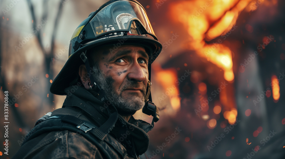 A firefighter battling an intense fire that is consuming a house in the background. A firefighter battling an intense fire that is consuming a house in the background.