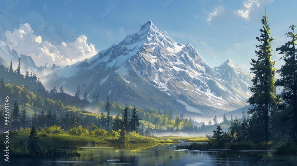 Early morning light bathes a high mountain in a serene and beautiful natural landscape 
