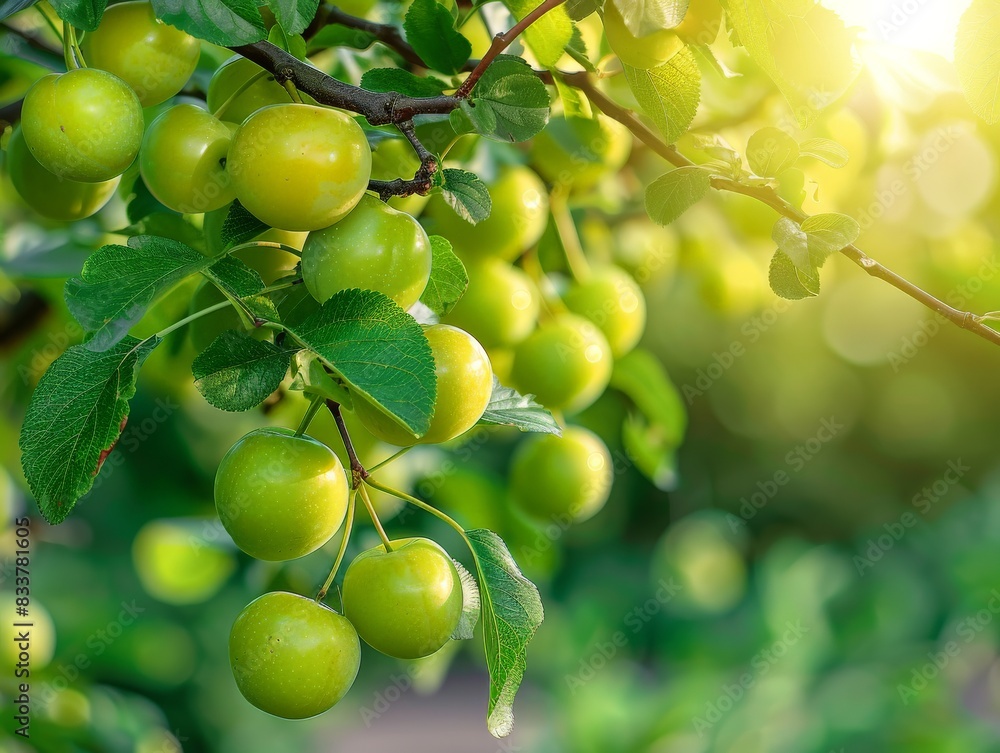 Ripe Green Plums Hanging on a Branch in the Summer Sun Ripe Green Plums Hanging on a Branch in the Summer Sun