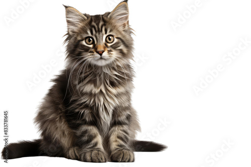 A cute, fluffy kitten with big green eyes is sitting and looking at the camera. The kitten has a long, bushy tail and is sitting on a white background. photo