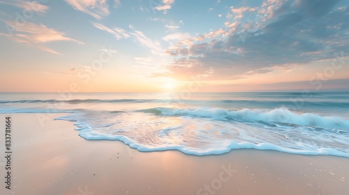 Peaceful seascape with gentle waves lapping on a sandy shore at sunrise. The sky is a vibrant mix of pink, orange, and blue.
