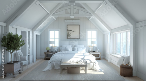 Sypialnia na strychu w białej tonacji, z unikalnym sklepieniem sufitu i naturalnym światłem wpadającym przez okno. Przestrzeń emanuje spokojem i elegancją. photo