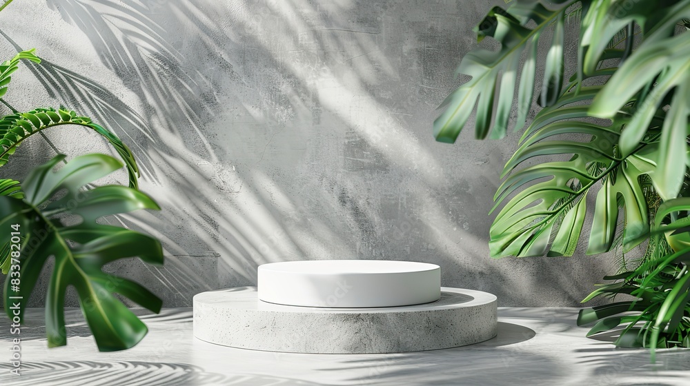 podium stand with tropical leaves background. Empty natural stone pedestal platform to display beauty product. generative ai podium stand with tropical leaves background. Empty natural stone pedestal platform to display beauty product. generative ai