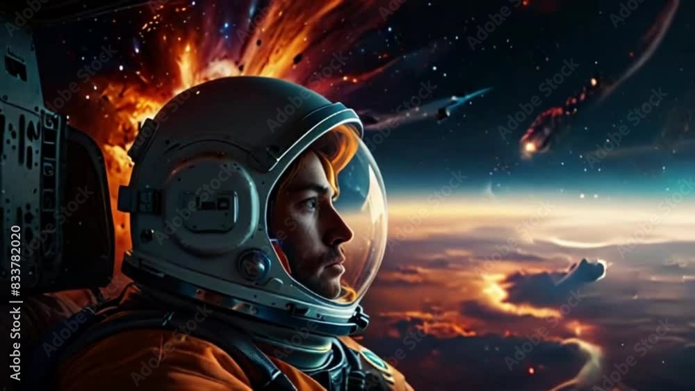 Astronaut witnessing a fiery explosion in space. 4k video Astronaut witnessing a fiery explosion in space. 4k video
