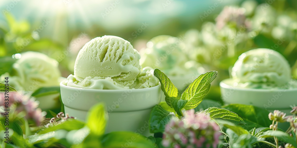 Green tea ice cream scoops in a white bowl, surrounded by fresh mint leaves, ideal for health food blogs. Green tea ice cream scoops in a white bowl, surrounded by fresh mint leaves, ideal for health food blogs.