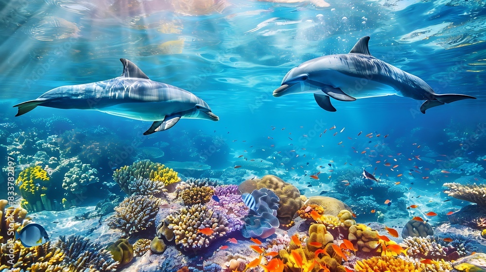 Fototapeta premium Two dolphins swim gracefully over a vibrant coral reef in a sun-drenched ocean.