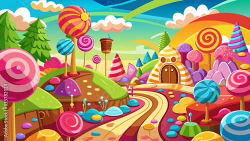 Colorful candy lands with rivers of chocolate and candy cane trees