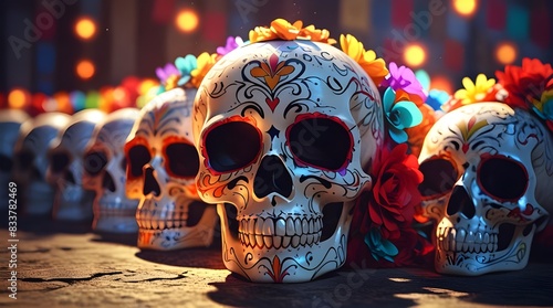 Day of the Dead Skulls. A prey of the dead. Day of the Dead and Mexican Halloween background. Traditional Mexican festival. Day of the Dead Sugar Skull. Generative AI photo