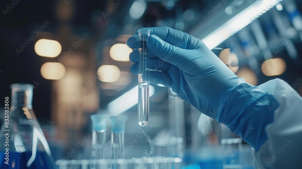 Scientist in Laboratory: Capture a close-up of a scientist's hands holding a test tube in a laboratory, with a soft focus on lab equipment. Scientist in Laboratory: Capture a close-up of a scientist's hands holding a test tube in a laboratory, with a soft focus on lab equipment.