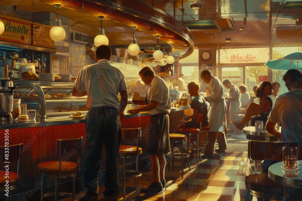A bustling diner with a short-order cook flipping generated by AI A bustling diner with a short-order cook flipping generated by AI