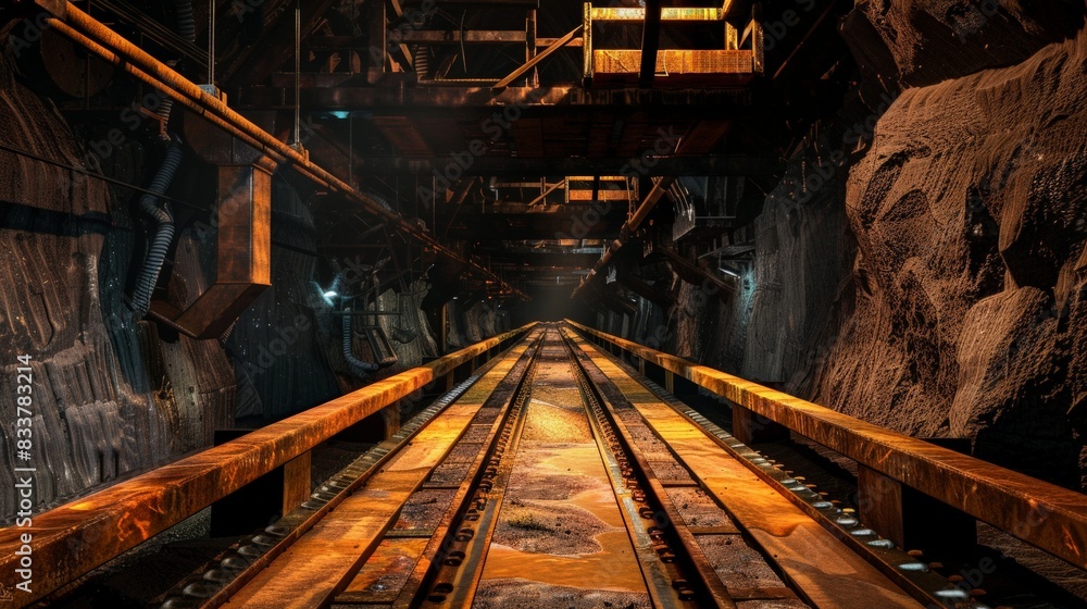  Conveyor belt for moving materials from one point to another within the mine. The dark and mysterious railroad tunnel