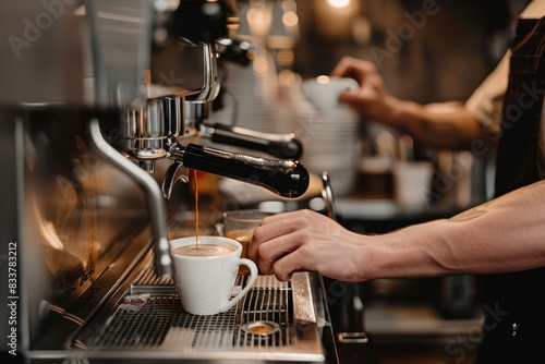 Barista making espresso in a coffee shop. Close-up of an espresso machine pouring coffee into a ceramic cup. Coffee making process and cafe ambiance concept. Design for poster, banner, and menu.