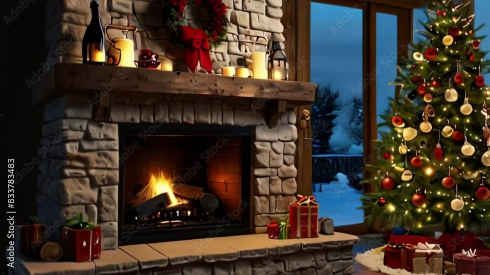 Cozy Christmas Fireplace with Decorated Tree and Presents Cozy Christmas Fireplace with Decorated Tree and Presents