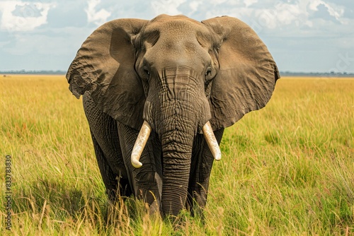 An elephant standing there in the grass with their trunks out