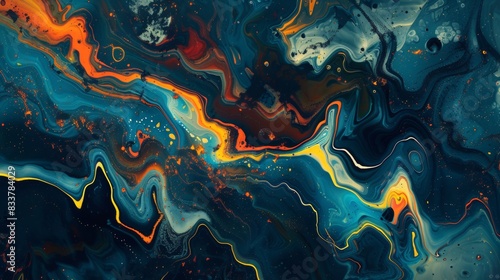 A painting of a blue and orange swirl with a splash of yellow