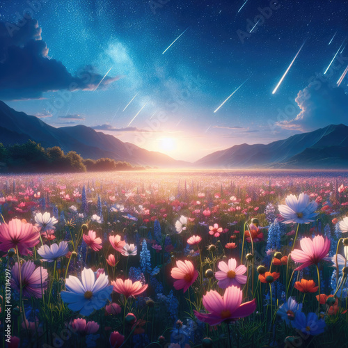Generative AI  Beautiful Cinematic scenery of a of night beauty flower fields with beauty sky  beautiful meteor shower  cool niji anime landscape  Stunning views of Niji Anime flowers in blooms