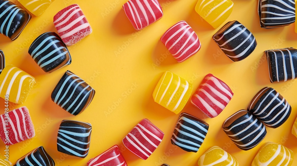 Licorice candies on yellow background Licorice candies on yellow background