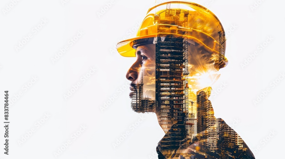 A man wearing a yellow helmet is looking up at a city skyline A man wearing a yellow helmet is looking up at a city skyline