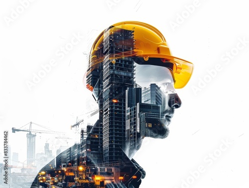 A man wearing a yellow helmet is looking up at a city skyline