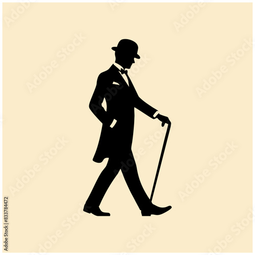man wear suit and bowler hat walking with stick