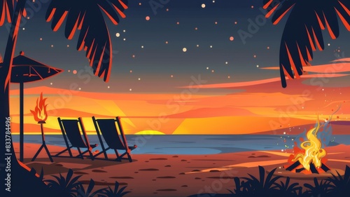 A starlit beach sunset featuring a bonfire, palm trees, and chairs creating a cozy coastal ambiance.