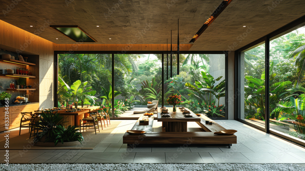 Fototapeta premium Natural brown shade dining room of a house resort by lush jungle