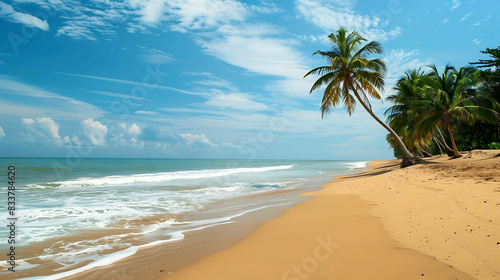 Amazing beach with white sand and palm trees. The water is crystal clear and blue. The sky is blue and there are some white clouds.