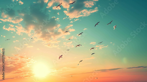 A flock of birds flying in the sky at sunset. The sky is a gradient of orange, yellow, and blue, with the sun setting in the background.