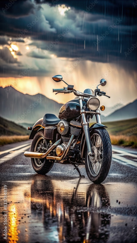 Motorcycle Parked on Wet Road. Generative AI Motorcycle Parked on Wet Road. Generative AI