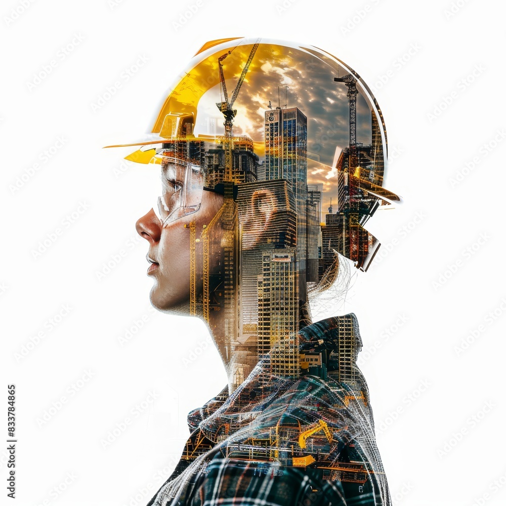 A man wearing a yellow helmet is looking up at a city skyline A man wearing a yellow helmet is looking up at a city skyline