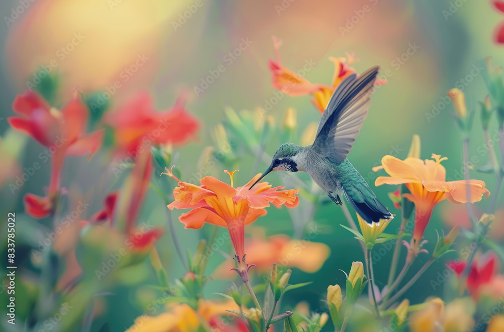 Fototapeta premium A hummingbird hovering near vibrant flowers, with its iridescent plumage and long beak highlighting the beauty of nature's details.