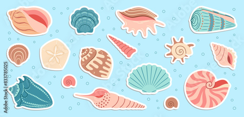 Cute sea shells sticker set. Trendy flat style seashell collection. Ocean underwater sink seashell conch aquatic mollusk. Hand drawn cartoon spiral snail, marine animals. Vector illustration