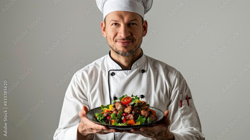 Chef in a white uniform holding a gourmet dish, presenting proudly against a white backdrop Chef in a white uniform holding a gourmet dish, presenting proudly against a white backdrop