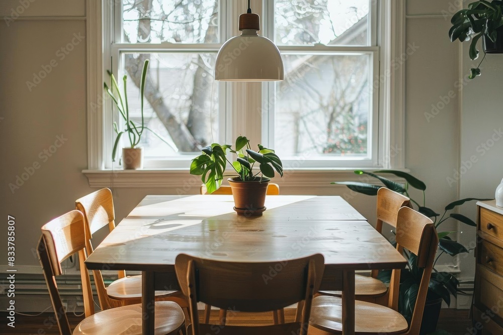 Fototapeta premium Dining area with basic wooden table and chairs, no decor, under a single pendant light for a minimalist look