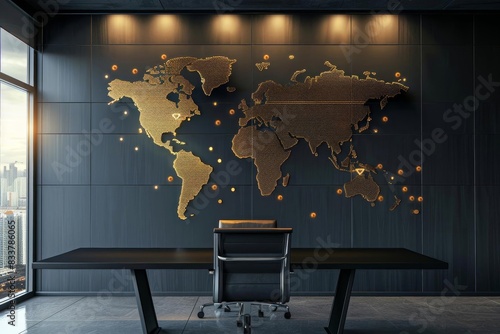 Elegant world map in an executive office, with subtle mesh lines and small, gold dots marking multinational corporate offices photo