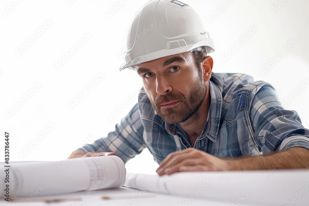 Male architect with blueprints and a hard hat, planning and constructing, on a white background Male architect with blueprints and a hard hat, planning and constructing, on a white background