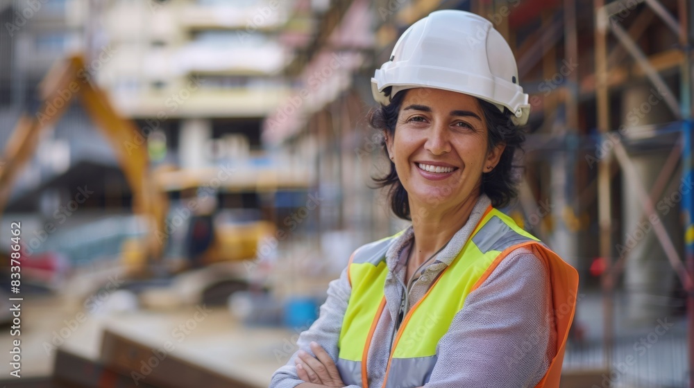 Confident Middle Aged Turkish Woman in Construction Gear at Worksite - Perfect for Industrial and Professional Themes Confident Middle Aged Turkish Woman in Construction Gear at Worksite - Perfect for Industrial and Professional Themes