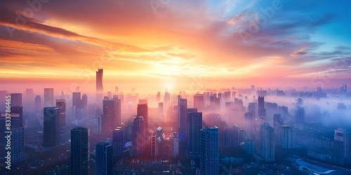 Urban Skyline with High-Rise Buildings and Office Spaces Amid Pollution. Concept Urban Development  Pollution Effects  High-Rise Buildings  Office Spaces  City Skyline