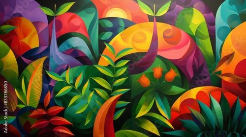 Abstract Jungle Scene, A jungle scene with abstract shapes and vibrant colors © DarkinStudio
